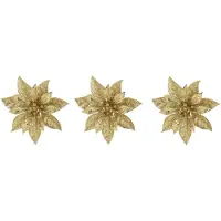 COSY&TRENDY Cosy & Trendy Decoratie bloem - 3x stuks - kerstster - op clip - goud - glitter -15 cm - kunststof - kerstversiering