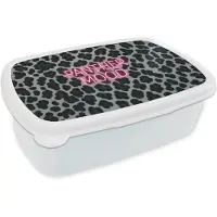 MuchoWow Broodtrommel Wit - Lunchbox Panterprint - Zwart - Neonletters - Roze - Brooddoos 18x12x6 cm - Brood lunch box - Broodtrommels voor kinderen en volwassenen