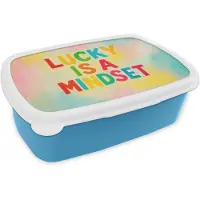MuchoWow Broodtrommel Blauw - Lunchbox Quote - Lucky - Regenboogkleuren - Brooddoos 18x12x6 cm - Brood lunch box - Broodtrommels voor kinderen en volwassenen