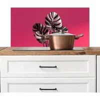 KitchenYeah Spatscherm keuken 80x40 cm - Kookplaat achterwand Bladeren - Rond - Roze - Muurbeschermer - Spatwand fornuis - Hoogwaardig aluminium