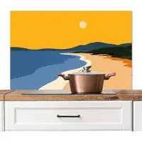 KitchenYeah Spatscherm keuken 100x65 cm - Kookplaat achterwand Kustlijn - Oranje lucht - Begroeiing - Muurbeschermer - Spatwand fornuis - Hoogwaardig aluminium