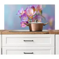 KitchenYeah Spatscherm keuken 100x50 cm - Kookplaat achterwand Bloemen - Paars - Overloop - Meeldraden - Muurbeschermer - Spatwand fornuis - Hoogwaardig aluminium