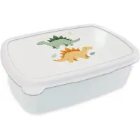 MuchoWow Broodtrommel Wit - Lunchbox Sterren - Stegosaurussen - Blaadjes - Groen - Brooddoos 18x12x6 cm - Brood lunch box - Broodtrommels voor kinderen en volwassenen