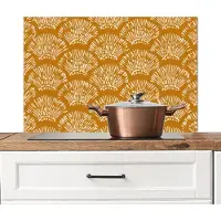 KitchenYeah Spatscherm keuken 80x55 cm - Kookplaat achterwand Waaierachtige motieven - Geel - Vintage - Muurbeschermer - Spatwand fornuis - Hoogwaardig aluminium