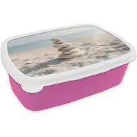 MuchoWow Broodtrommel Roze - Lunchbox Stenen - Stapel - Zand - Zee - Brooddoos 18x12x6 cm - Brood lunch box - Broodtrommels voor kinderen en volwassenen