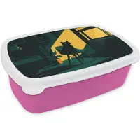 MuchoWow Broodtrommel Roze - Lunchbox Zwarte kat - Mysterieus - Gele instraal - Brooddoos 18x12x6 cm - Brood lunch box - Broodtrommels voor kinderen en volwassenen