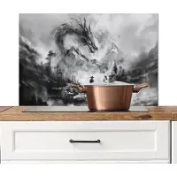KitchenYeah Spatscherm keuken 90x60 cm - Kookplaat achterwand Krijger - Draak - Grijs - Muurbeschermer - Spatwand fornuis - Hoogwaardig aluminium