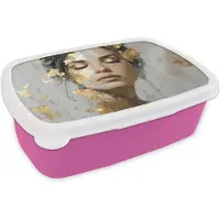 MuchoWow Broodtrommel Roze - Lunchbox Sierlijk - Vrouw - Goud - Ogen - Brooddoos 18x12x6 cm - Brood lunch box - Broodtrommels voor kinderen en volwassenen