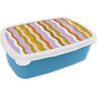 MuchoWow Broodtrommel Blauw - Lunchbox lijnen - Golven - Pastelkleuren - Patroon - Brooddoos 18x12x6 cm - Brood lunch box - Broodtrommels voor kinderen en volwassenen