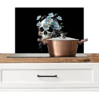 KitchenYeah Spatscherm keuken 70x50 cm - Kookplaat achterwand Schedel - Blauw - Bloemen - Bladeren - Muurbeschermer - Spatwand fornuis - Hoogwaardig aluminium