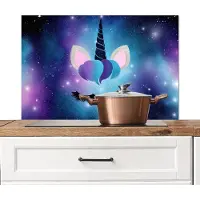 KitchenYeah Spatscherm keuken 80x55 cm - Kookplaat achterwand Eenhoorn - Sterren - Magisch - Blauw - Muurbeschermer - Spatwand fornuis - Hoogwaardig aluminium