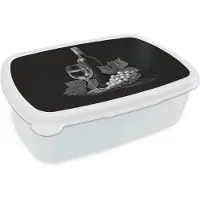 MuchoWow Broodtrommel Wit - Lunchbox Wijnfles - Glas - Druiven - Bladeren - Brooddoos 18x12x6 cm - Brood lunch box - Broodtrommels voor kinderen en volwassenen