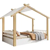 Merax Kinderbed Huisbed – Houten Bed 90x200 cm – Met Lattenbodem – Wit & Naturel – Massief Hout en MDF