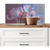KitchenYeah Spatscherm keuken 90x45 cm - Kookplaat achterwand Tulpen - Glazen - Bloemblaadjes - Pasteltinten - Muurbeschermer - Spatwand fornuis - Hoogwaardig aluminium