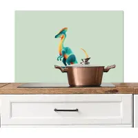 KitchenYeah Spatscherm keuken 90x60 cm - Kookplaat achterwand Staart - Dino - Minimalistisch - Blauw - Muurbeschermer - Spatwand fornuis - Hoogwaardig aluminium