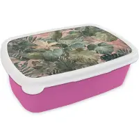 MuchoWow Broodtrommel Roze - Lunchbox Compositie van bladeren - Groen - Roze - Brooddoos 18x12x6 cm - Brood lunch box - Broodtrommels voor kinderen en volwassenen