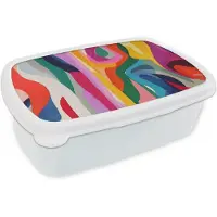 MuchoWow Broodtrommel Wit - Lunchbox Abstract - Kleurrijk - Golven - Lijnen - Brooddoos 18x12x6 cm - Brood lunch box - Broodtrommels voor kinderen en volwassenen
