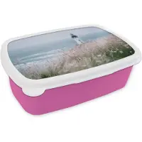 MuchoWow Broodtrommel Roze - Lunchbox Vuurtoren - Klif - Zee - Bloemen - Brooddoos 18x12x6 cm - Brood lunch box - Broodtrommels voor kinderen en volwassenen