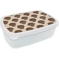 MuchoWow Broodtrommel Wit - Lunchbox Schelpen - Bruin - Patroon - Brooddoos 18x12x6 cm - Brood lunch box - Broodtrommels voor kinderen en volwassenen