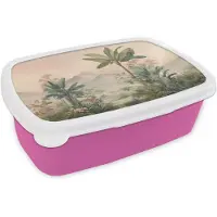 MuchoWow Broodtrommel Roze - Lunchbox Tropisch landschap - palmbomen - Bloemen - Roze lucht - Brooddoos 18x12x6 cm - Brood lunch box - Broodtrommels voor kinderen en volwassenen