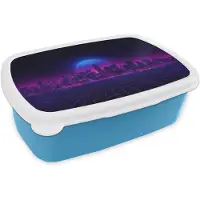 MuchoWow Broodtrommel Blauw - Lunchbox Skyline - Zon - Neon - Rasterpatroon - Brooddoos 18x12x6 cm - Brood lunch box - Broodtrommels voor kinderen en volwassenen