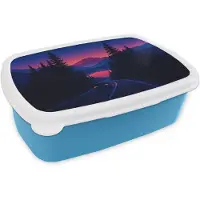 MuchoWow Broodtrommel Blauw - Lunchbox Auto - Donkere dennenbomen - Zonsondergang - Brooddoos 18x12x6 cm - Brood lunch box - Broodtrommels voor kinderen en volwassenen