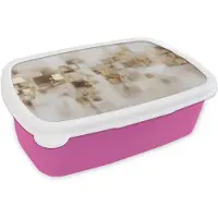 MuchoWow Broodtrommel Roze - Lunchbox Abstracte vierkanten - Aardetonen - Mistig - Brooddoos 18x12x6 cm - Brood lunch box - Broodtrommels voor kinderen en volwassenen