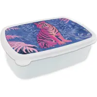 MuchoWow Broodtrommel Wit - Lunchbox Tijger - Roze - Bladeren - Jungle - Brooddoos 18x12x6 cm - Brood lunch box - Broodtrommels voor kinderen en volwassenen