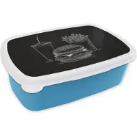 MuchoWow Broodtrommel Blauw - Lunchbox Hamburger - Friet - Frisdrank - Krijttekening - Brooddoos 18x12x6 cm - Brood lunch box - Broodtrommels voor kinderen en volwassenen