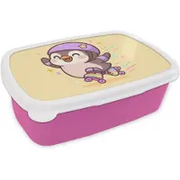 MuchoWow Broodtrommel Roze - Lunchbox Pinguïn - Rolschaatsen - Geel - Energiek - Brooddoos 18x12x6 cm - Brood lunch box - Broodtrommels voor kinderen en volwassenen