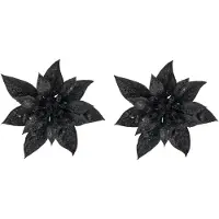 COSY&TRENDY Cosy & Trendy Decoratie bloem - 2x stuks - kerstster - op clip - zwart - glitter -15 cm - kunststof - kerstversiering