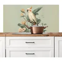 KitchenYeah Spatscherm keuken 120x60 cm - Kookplaat achterwand Gele kuifkaketoe - paradijsvogelbloemen - Groen - Muurbeschermer - Spatwand fornuis - Hoogwaardig aluminium
