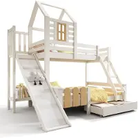 Merax Stapelbed met Glijbaan en Lade – Huisbed 90x200 en 140x200 – Kinderbed met Ladder en Lattenbodem – EN747-1:2024 Veilig – Wit met Bruin