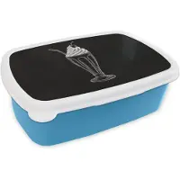 MuchoWow Broodtrommel Blauw - Lunchbox Ijscoupe - Kers - Krijtstijl - Slagroom - Brooddoos 18x12x6 cm - Brood lunch box - Broodtrommels voor kinderen en volwassenen