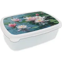 MuchoWow Broodtrommel Wit - Lunchbox Waterlelies - Bloemen - Roze - Water - Brooddoos 18x12x6 cm - Brood lunch box - Broodtrommels voor kinderen en volwassenen
