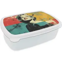 MuchoWow Broodtrommel Wit - Lunchbox Vrouw - Rode lippen - Abstracte kleurvlakken - Popartuistraling - Brooddoos 18x12x6 cm - Brood lunch box - Broodtrommels voor kinderen en volwassenen