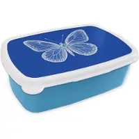 MuchoWow Broodtrommel Blauw - Lunchbox Vlinder - Wit - Getekend - Stippen - Brooddoos 18x12x6 cm - Brood lunch box - Broodtrommels voor kinderen en volwassenen