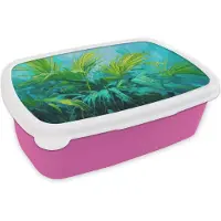 MuchoWow Broodtrommel Roze - Lunchbox Bladeren - Groen - Schilderij - Abstract - Brooddoos 18x12x6 cm - Brood lunch box - Broodtrommels voor kinderen en volwassenen