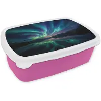MuchoWow Broodtrommel Roze - Lunchbox Noorderlicht - Kleurrijk - Bergmeer - Brooddoos 18x12x6 cm - Brood lunch box - Broodtrommels voor kinderen en volwassenen