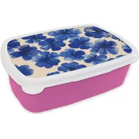MuchoWow Broodtrommel Roze - Lunchbox Bloemen - Blauw -Patroon - Wit - Brooddoos 18x12x6 cm - Brood lunch box - Broodtrommels voor kinderen en volwassenen