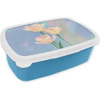 MuchoWow Broodtrommel Blauw - Lunchbox Tulpen - Roze accenten - Blauw - Brooddoos 18x12x6 cm - Brood lunch box - Broodtrommels voor kinderen en volwassenen