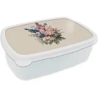 MuchoWow Broodtrommel Wit - Lunchbox Boeket - Beige - Harmonieus - Subtiel - Brooddoos 18x12x6 cm - Brood lunch box - Broodtrommels voor kinderen en volwassenen