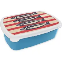 MuchoWow Broodtrommel Blauw - Lunchbox Sardines - Rood en beige strepen - Brooddoos 18x12x6 cm - Brood lunch box - Broodtrommels voor kinderen en volwassenen