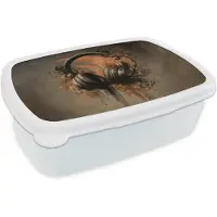 MuchoWow Broodtrommel Wit - Lunchbox Koptelefoon - Bruin - Verf - Vintage - Brooddoos 18x12x6 cm - Brood lunch box - Broodtrommels voor kinderen en volwassenen