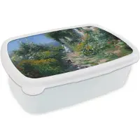 MuchoWow Broodtrommel Wit - Lunchbox Kat - Vrouw - Bloemen - Huis - Brooddoos 18x12x6 cm - Brood lunch box - Broodtrommels voor kinderen en volwassenen