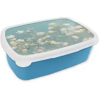 MuchoWow Broodtrommel Blauw - Lunchbox Stengels - Bloemen - Lucht - Wit - Brooddoos 18x12x6 cm - Brood lunch box - Broodtrommels voor kinderen en volwassenen