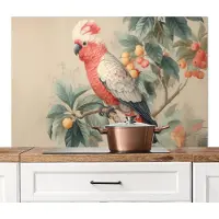 KitchenYeah Spatscherm keuken 120x80 cm - Kookplaat achterwand Roze kuifkaketoe - Tak met vruchten - Bladeren - Muurbeschermer - Spatwand fornuis - Hoogwaardig aluminium