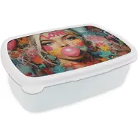 MuchoWow Broodtrommel Wit - Lunchbox Vrouw - Kauwgom - Graffiti - Love - Brooddoos 18x12x6 cm - Brood lunch box - Broodtrommels voor kinderen en volwassenen