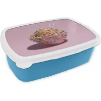 MuchoWow Broodtrommel Blauw - Lunchbox Noodles - Edelstenen - Stokjes - Roze - Brooddoos 18x12x6 cm - Brood lunch box - Broodtrommels voor kinderen en volwassenen