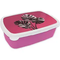 MuchoWow Broodtrommel Roze - Lunchbox Bladeren - Rond - Roze - Brooddoos 18x12x6 cm - Brood lunch box - Broodtrommels voor kinderen en volwassenen